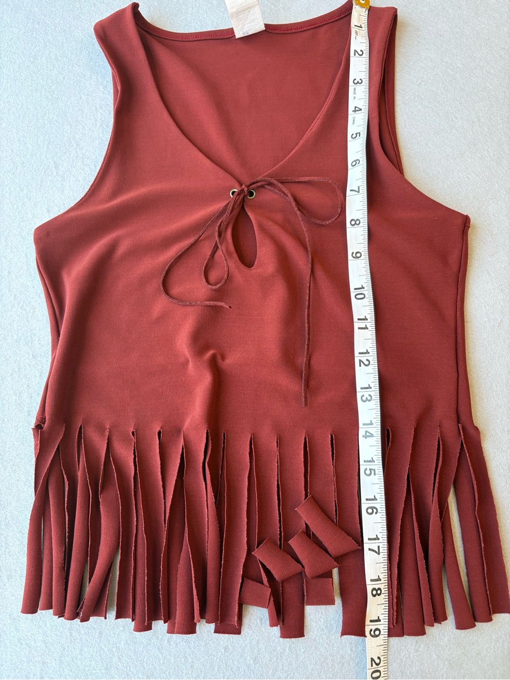 Y2K Vintage Made in USA French Kiss Brown Fringe V-Neck Tank Top with Tie Sz M - Picture 5 of 7